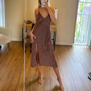 Urban Outfitters Brown Satin Midi Dress w/ White Polka Dots